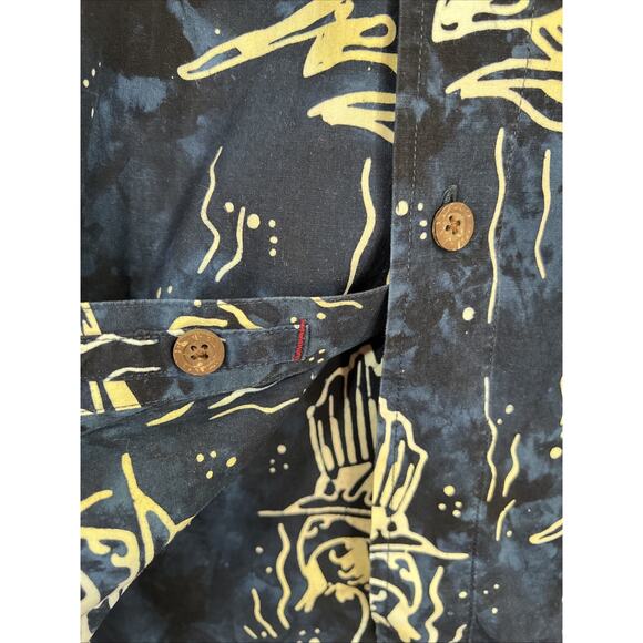 Fishtech Shirt Mens XLT Navy Fish Print Hawaiian Batik Cotton Beach Coastal Dad - Picture 6 of 12